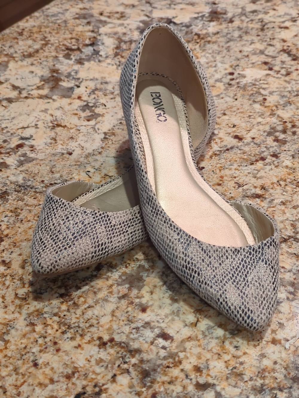 BONGO Women's Snake-Print Pointed D'Orsay Flats in Neutral Gray